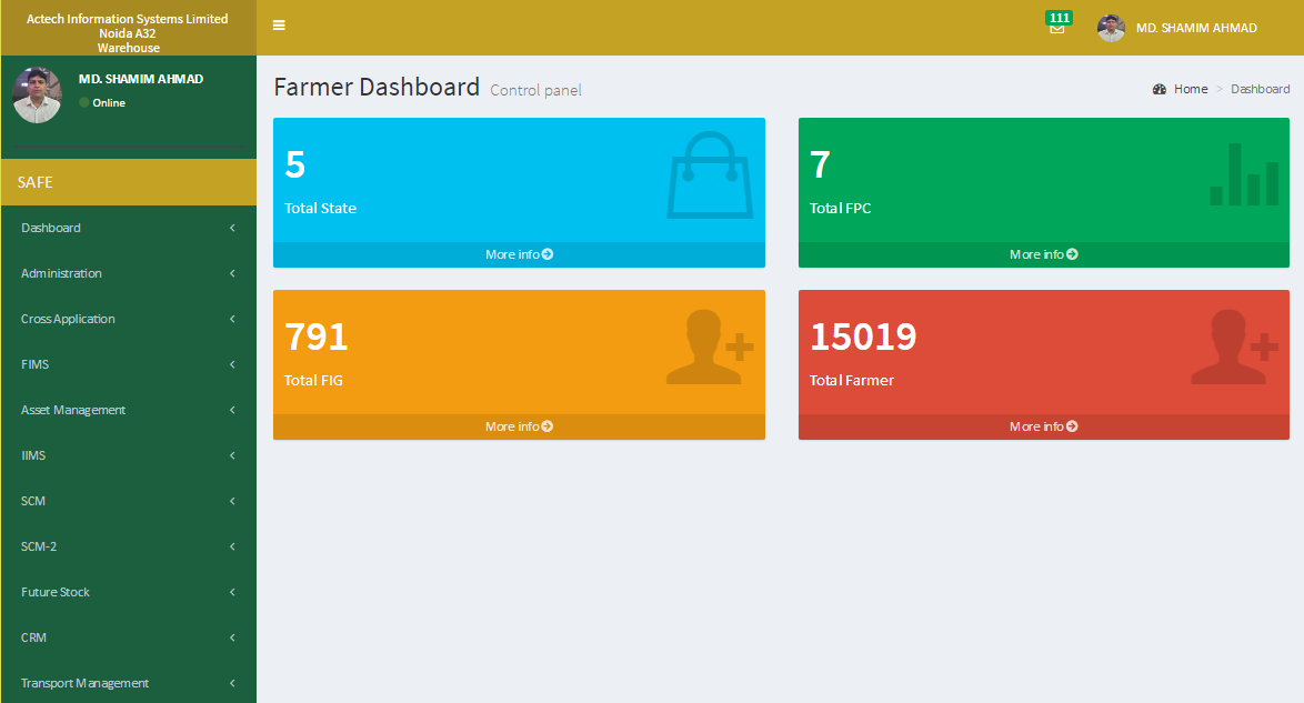 SAFE ERP Farmer Dashboard Screenshot